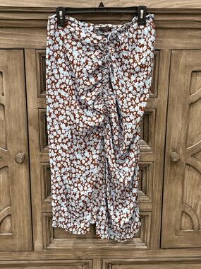 EUC Women’s ZARA Brown & Light Blue Floral Ruched Asymmetrical Gather Skirt (L)